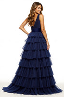 Load image into Gallery viewer, Navy V-Neck A Line Tulle Tiered Maxi Prom Dress with Slit