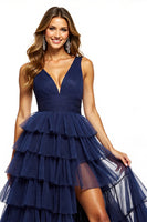 Load image into Gallery viewer, Navy V-Neck A Line Tulle Tiered Maxi Prom Dress with Slit