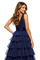 Load image into Gallery viewer, Navy V-Neck A Line Tulle Tiered Maxi Prom Dress with Slit