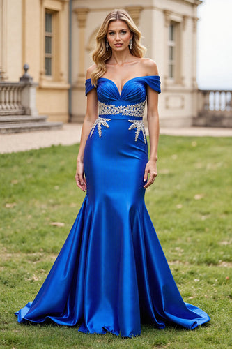 Sparkly Royal Blue Mermaid Satin Maxi Prom Dress with Beading