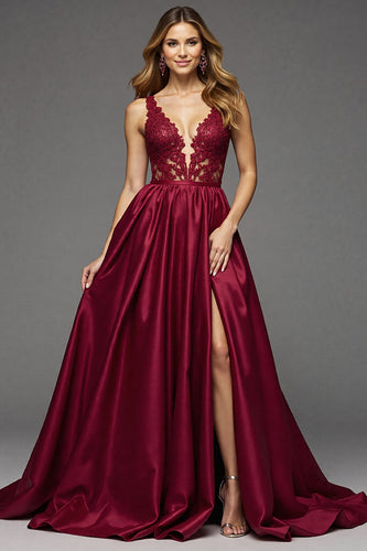 Burgundy Deep V-Neck A Line Maxi Prom Dress with Lace