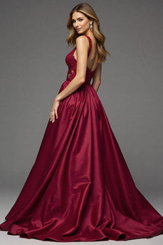 Burgundy Deep V-Neck A Line Maxi Prom Dress with Lace