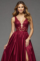 Load image into Gallery viewer, Burgundy Deep V-Neck A Line Maxi Prom Dress with Lace