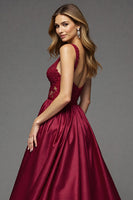 Load image into Gallery viewer, Burgundy Deep V-Neck A Line Maxi Prom Dress with Lace