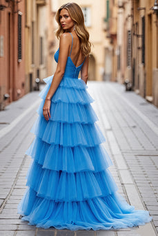Sky Blue A Line Ruffled Spaghetti Straps Maxi Tulle Prom Dress with Slit