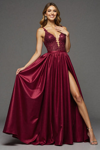Burgundy A Line V-Neck Maxi Satin Prom Dress with Slit