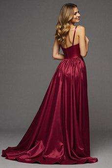 Burgundy A Line V-Neck Maxi Satin Prom Dress with Slit