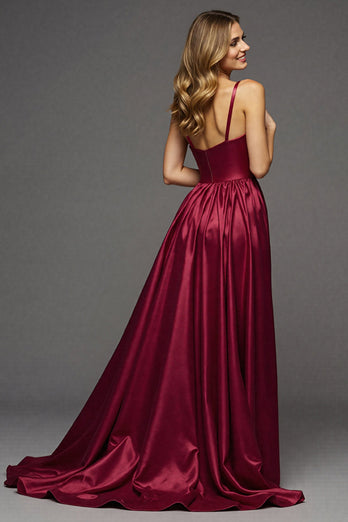Burgundy A Line V-Neck Maxi Satin Prom Dress with Slit