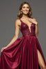 Load image into Gallery viewer, Burgundy A Line V-Neck Maxi Satin Prom Dress with Slit