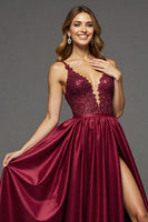 Load image into Gallery viewer, Burgundy A Line V-Neck Maxi Satin Prom Dress with Slit