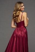 Load image into Gallery viewer, Burgundy A Line V-Neck Maxi Satin Prom Dress with Slit