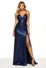 Load image into Gallery viewer, Navy Spaghetti Straps Sheath Maxi Satin Prom Dress with Slit