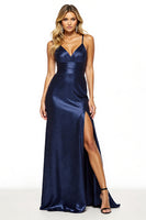 Load image into Gallery viewer, Women Navy Satin Maxi Sheath Prom Dress with Slit Spaghetti Straps Formal Dress