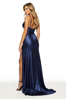 Load image into Gallery viewer, Navy Spaghetti Straps Sheath Maxi Satin Prom Dress with Slit