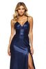 Load image into Gallery viewer, Navy Spaghetti Straps Sheath Maxi Satin Prom Dress with Slit