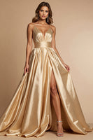 Load image into Gallery viewer, Golden A Line Spaghetti Straps Maxi Satin Prom Dress with Slit