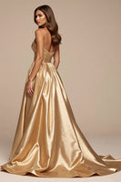 Load image into Gallery viewer, Golden A Line Spaghetti Straps Maxi Satin Prom Dress with Slit