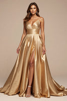 Load image into Gallery viewer, Golden A Line Spaghetti Straps Maxi Satin Prom Dress with Slit