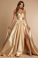 Load image into Gallery viewer, Golden A Line Spaghetti Straps Maxi Satin Prom Dress with Slit