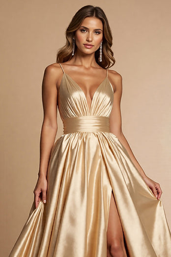 Golden A Line Spaghetti Straps Maxi Satin Prom Dress with Slit