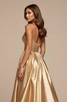 Load image into Gallery viewer, Golden A Line Spaghetti Straps Maxi Satin Prom Dress with Slit