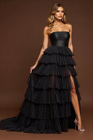 Load image into Gallery viewer, Black Tulle A Line Maxi Tiered Prom Dress with Slit