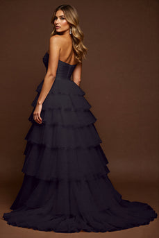 Black Tulle A Line Maxi Tiered Prom Dress with Slit