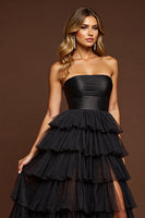 Load image into Gallery viewer, Black Tulle A Line Maxi Tiered Prom Dress with Slit