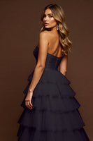 Load image into Gallery viewer, Black Tulle A Line Maxi Tiered Prom Dress with Slit