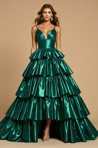 Dark Green A Line Tiered Maxi Satin Prom Dress