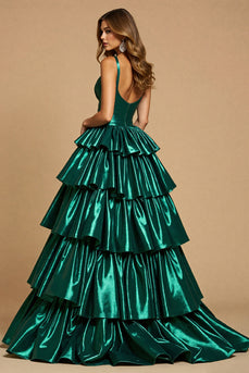 Dark Green A Line Tiered Maxi Satin Prom Dress
