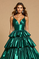Load image into Gallery viewer, Dark Green A Line Tiered Maxi Satin Prom Dress