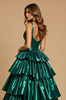 Load image into Gallery viewer, Dark Green A Line Tiered Maxi Satin Prom Dress