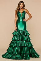 Load image into Gallery viewer, Dark Green Satin Mermaid Tiered Maxi Prom Dress with Slit