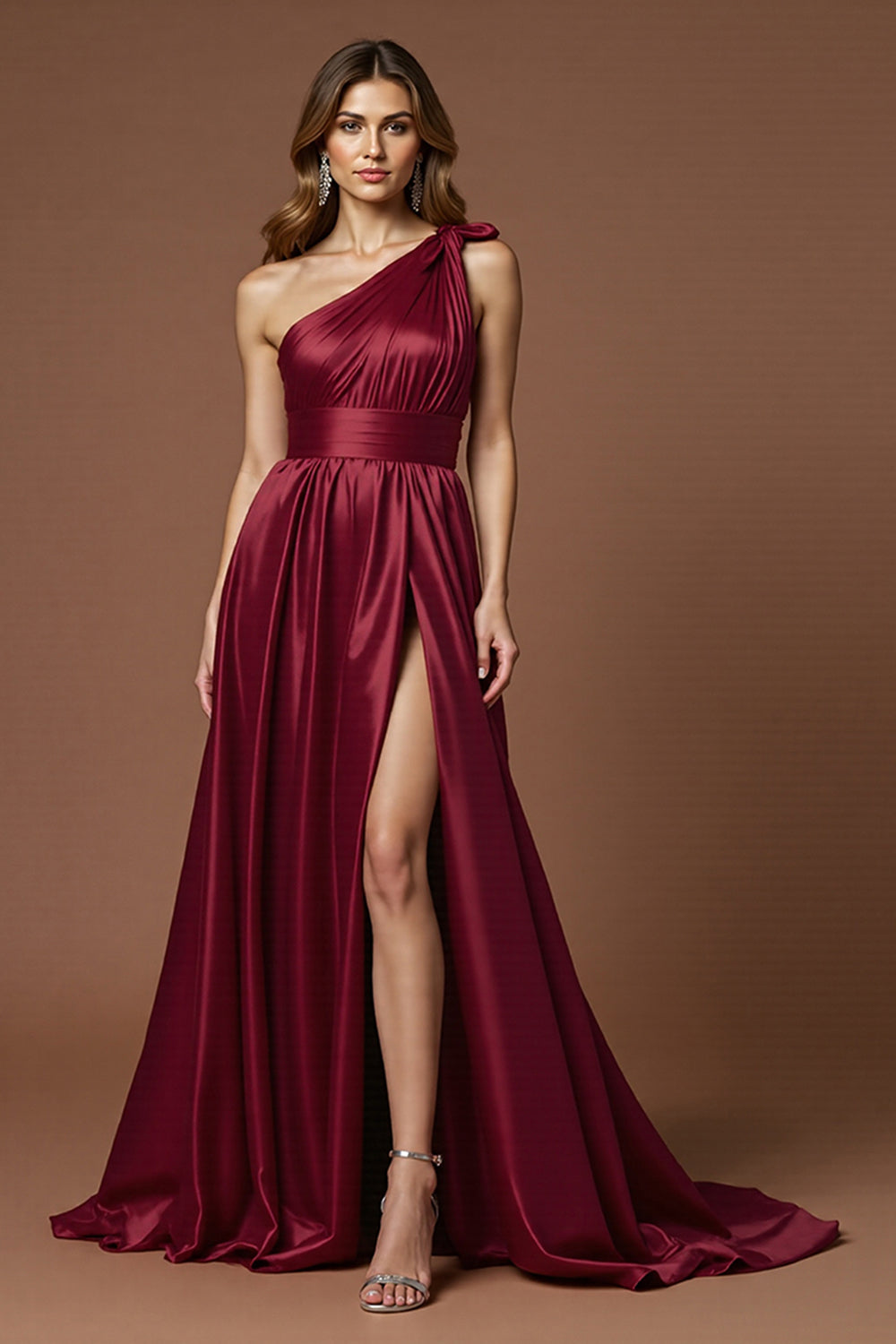 Burgundy A Line One Shoulder Maxi Satin Prom Dress with Slit