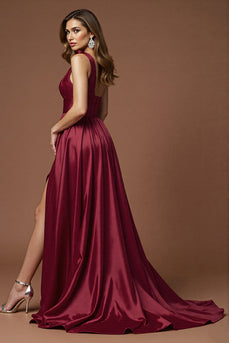 Burgundy A Line One Shoulder Maxi Satin Prom Dress with Slit