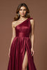 Load image into Gallery viewer, Burgundy A Line One Shoulder Maxi Satin Prom Dress with Slit