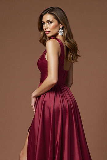 Burgundy A Line One Shoulder Maxi Satin Prom Dress with Slit