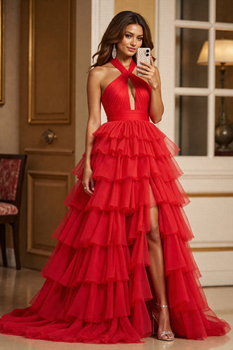 Red A Line Tulle Halter Maxi Prom Dress with Slit