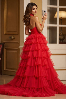 Red A Line Tulle Halter Maxi Prom Dress with Slit