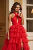 Load image into Gallery viewer, Red A Line Tulle Halter Maxi Prom Dress with Slit