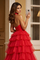 Load image into Gallery viewer, Red A Line Tulle Halter Maxi Prom Dress with Slit