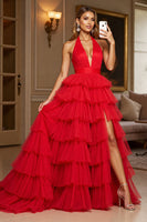 Load image into Gallery viewer, Red A Line Tiered Halter Maxi Tulle Prom Dress with Slit