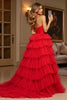 Load image into Gallery viewer, Red A Line Tiered Halter Maxi Tulle Prom Dress with Slit