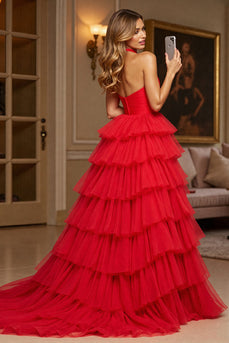 Red A Line Tiered Halter Maxi Tulle Prom Dress with Slit