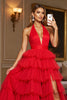 Load image into Gallery viewer, Red A Line Tiered Halter Maxi Tulle Prom Dress with Slit