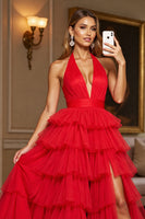 Load image into Gallery viewer, Red A Line Tiered Halter Maxi Tulle Prom Dress with Slit