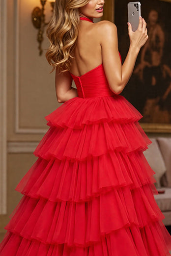 Red A Line Tiered Halter Maxi Tulle Prom Dress with Slit