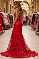 Load image into Gallery viewer, Red Mermaid Maxi Lace Prom Dress with Slit
