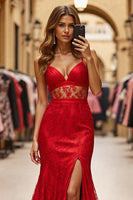 Load image into Gallery viewer, Red Mermaid Maxi Lace Prom Dress with Slit